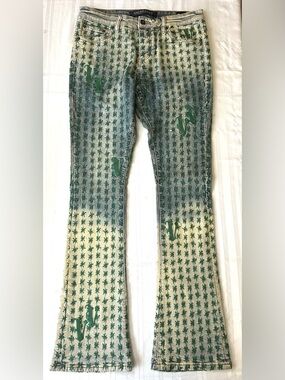 VALABASAS "Asterisk" Stacked Flare Jeans Men's Size 34 Blue Green